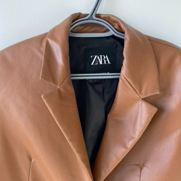 Zara Brown Vegan Leather Blazer - Picture 2 of 5